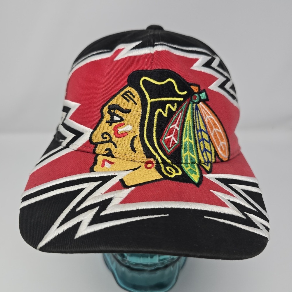 RARE VTG 90S CHICAGO BLACKHAWKS BOLT JUMBO EMBROIDERY ALL OVER SNAPBACK HAT NHL